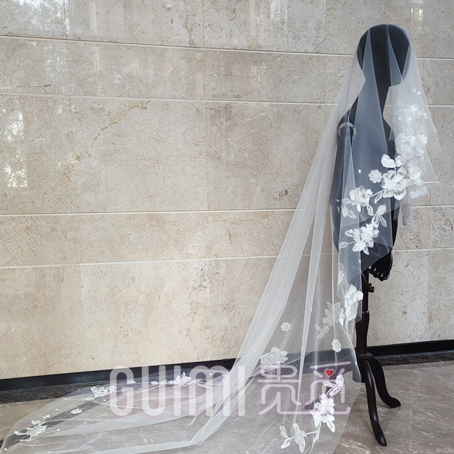 高级感手工蕾丝头纱新娘婚纱摄影拍照道具白色薄透头饰造型主婚纱