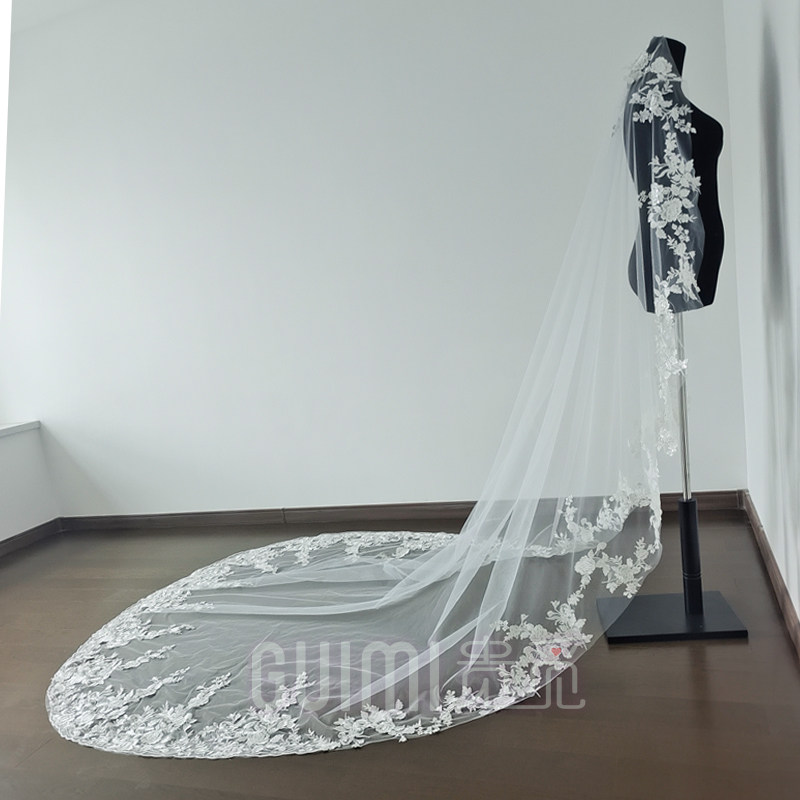重工刺绣蕾丝新娘结婚主婚纱头纱婚礼摄影造型高级超长大拖尾头饰