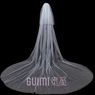 细闪钉珠头纱新娘主婚纱打拖尾头饰简约长款婚礼写真拍照珍珠道具