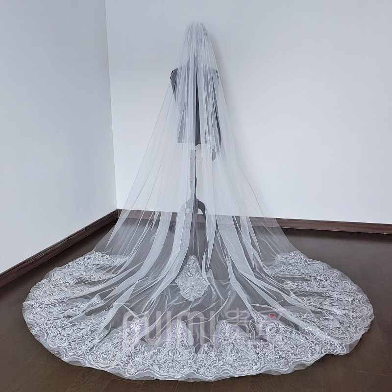 细闪蕾丝大拖尾头纱新娘主婚纱单层摄影拍照道具化妆造型重工头饰