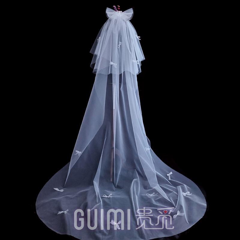 大蝴蝶结头纱新娘主婚纱长款拖尾手工花头饰结婚新款婚礼写真道具