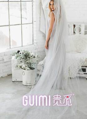 灰色头纱新款超长拖尾简约素纱写真拍照道具超仙旅拍新娘婚纱头纱