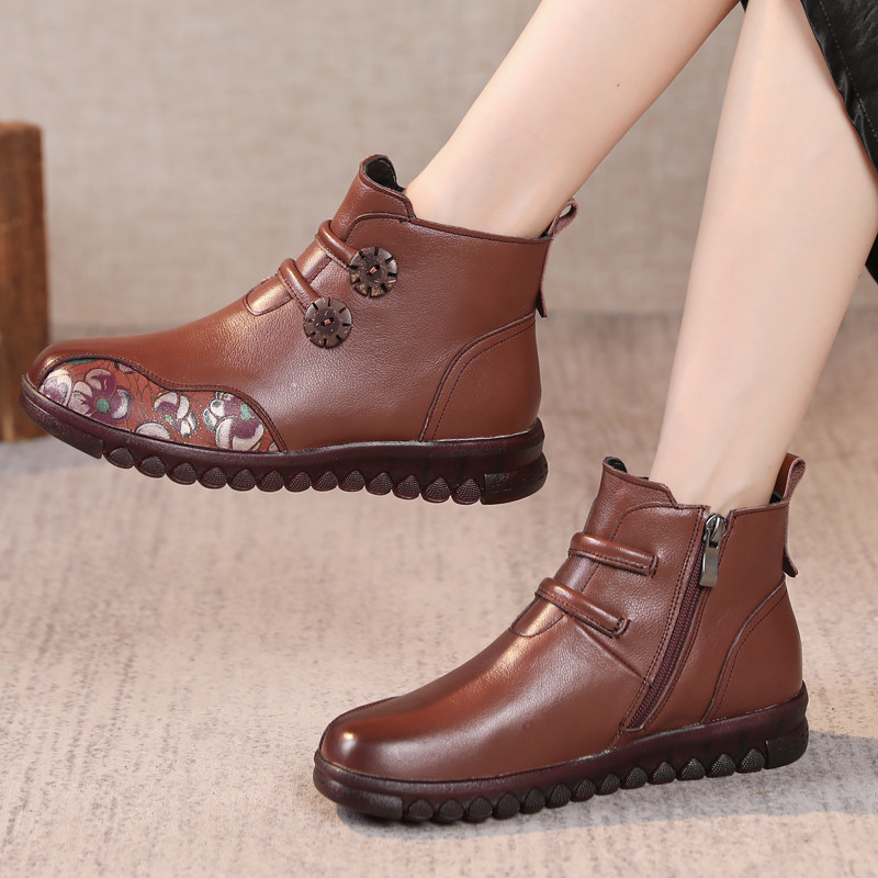加绒时尚真皮妈妈鞋秋冬保暖短靴平底复古春秋单靴牛筋底防滑女靴,女鞋,马丁靴,淘宝优惠券,粉丝福利购,淘宝优惠卷