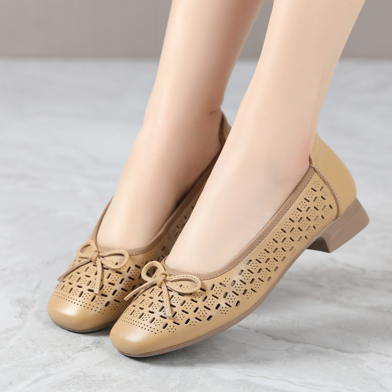 时尚蝴蝶结浅口单鞋女一脚蹬透气洞洞凉鞋休闲百搭妈妈鞋夏季镂空