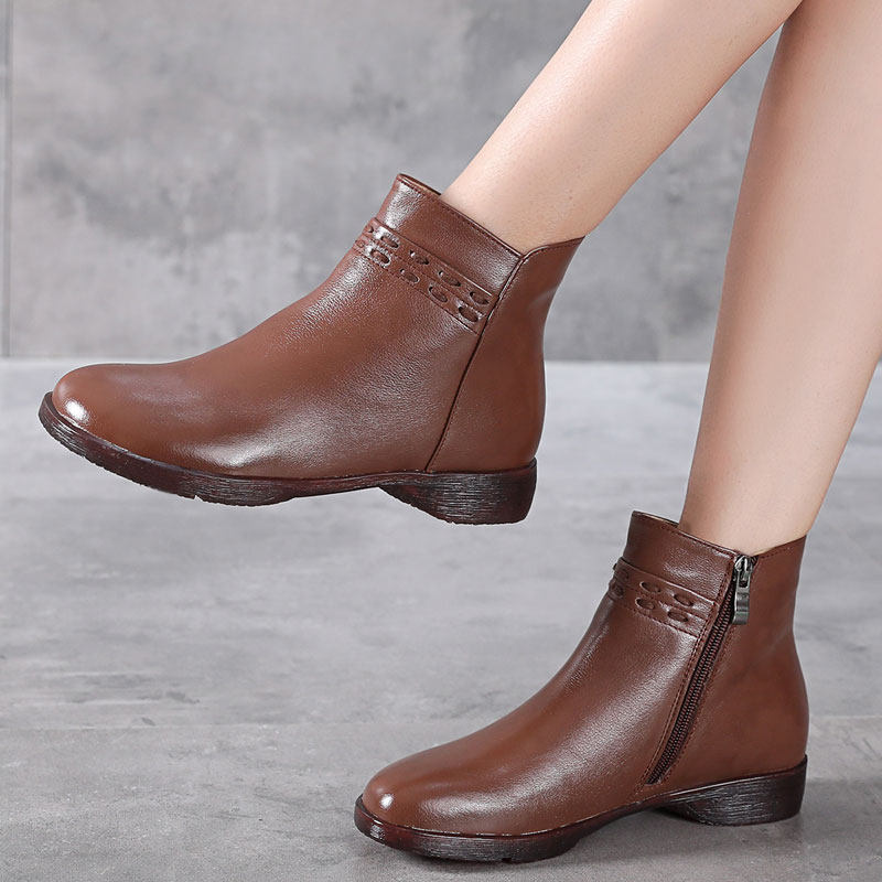 棕色复古马丁靴2021年秋冬新款真皮圆头低跟短靴防滑牛筋底妈妈靴