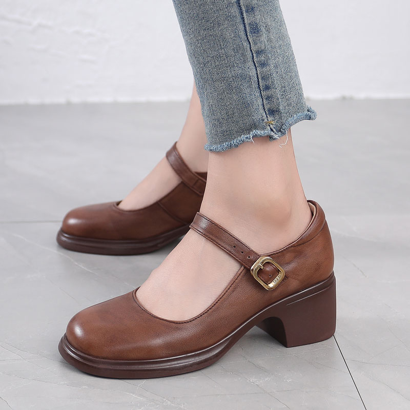 复古粗跟软底圆头真皮