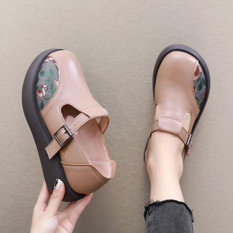 复古圆头深口真皮松糕底