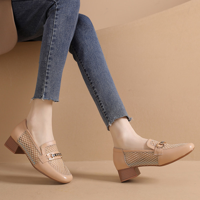夏季凉鞋女镂空网面鞋一脚蹬大码粗跟单鞋2025透气网纱方头女鞋41
