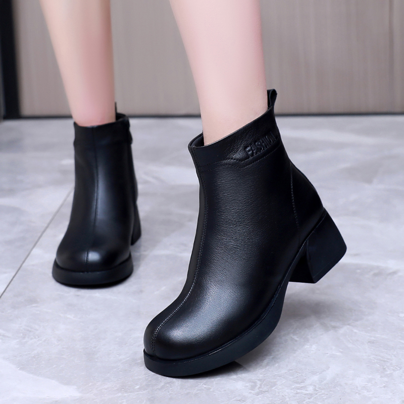 侧拉链防滑粗跟女鞋稳重舒适大码