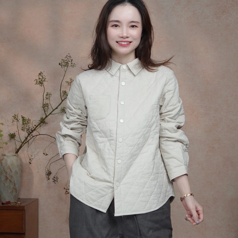 秋冬季复古菱形格纹夹棉衬衫女宽松休闲翻领纯棉衬衣6523