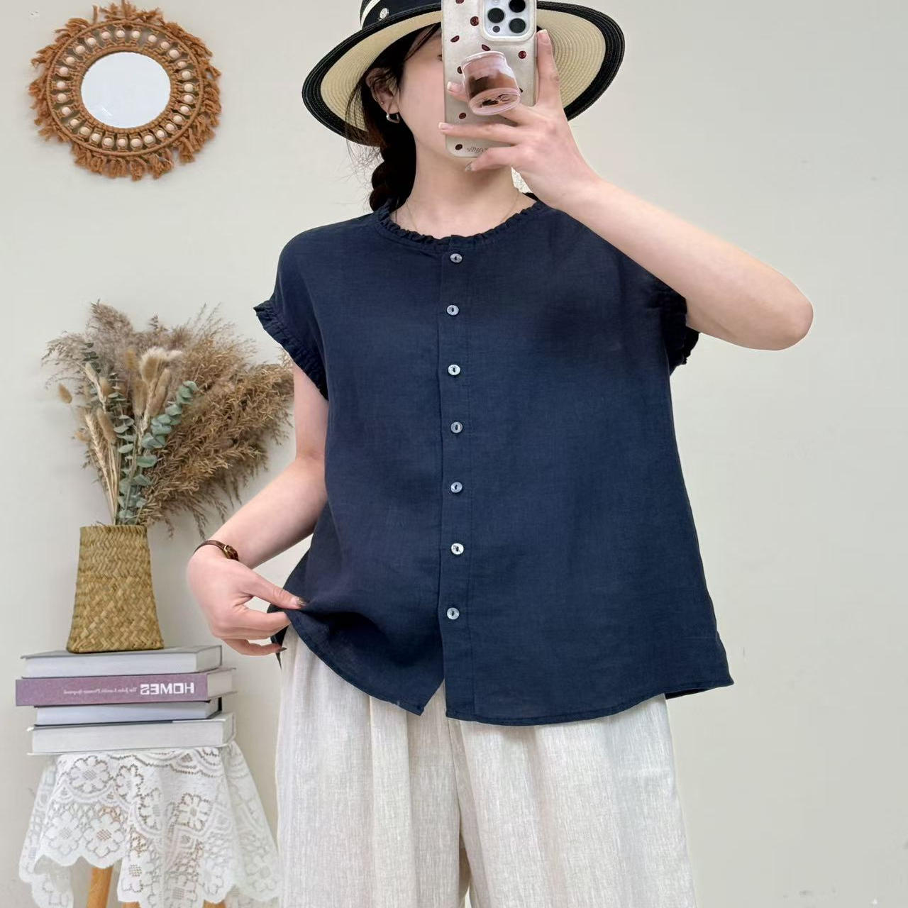 进口细支肌理感亚麻~法式高端夏季无袖宽松上衣