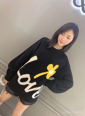 小个子ins风复古花花毛衣圆领套头短款针织衫女秋冬季新款上衣外