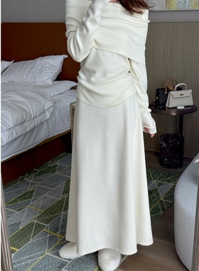 白色鱼尾裙女秋冬季长裙百搭气质a字包臀显瘦针织半身裙中长款裙