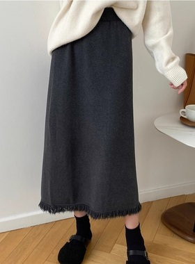 针织半身裙女秋冬加厚中长款流苏开叉a字直筒一步包臀毛线长裙子