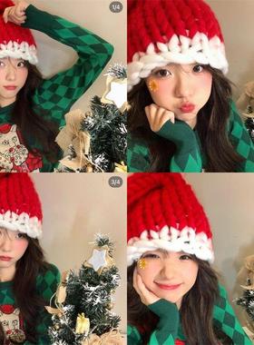 RedChristmasKnitted Hat with Knitted Yarn红色圣诞节毛线针织