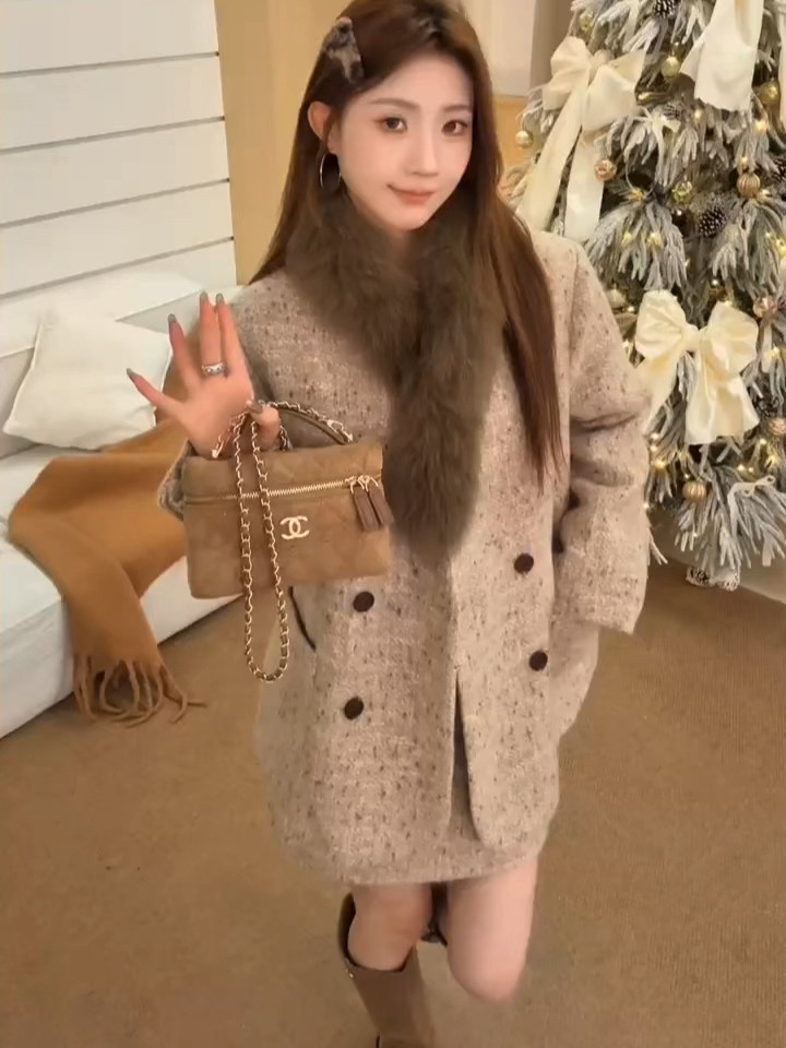 【现货】25冬季新款狐狸毛领毛呢羽绒外套短裙两件套装女,女装/女士精品,时尚套装,淘宝优惠券,粉丝福利购,淘宝优惠卷