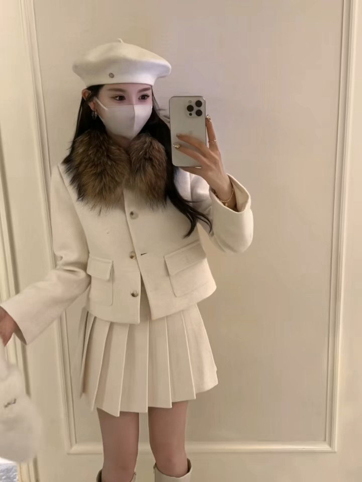 【现货】25冬季新款貉子毛领毛呢羽绒外套百褶裙两件套装女,女装/女士精品,时尚套装,淘宝优惠券,粉丝福利购,淘宝优惠卷