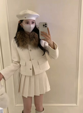 【现货】26冬季新款貉子毛领毛呢羽绒外套百褶裙两件套装女