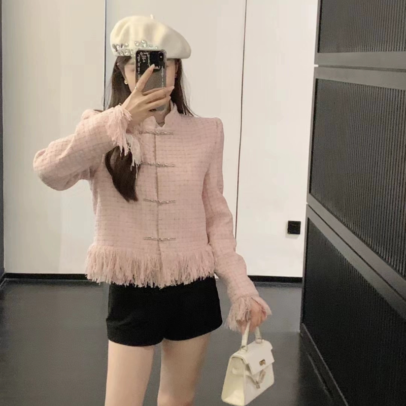 【现货】mi2naa春名媛小香风粉色流苏时尚设计感新中式外套洋气女