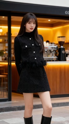 【现货】欧货25冬法式名媛套装羊毛呢鸵鸟毛马夹打底半裙三件套