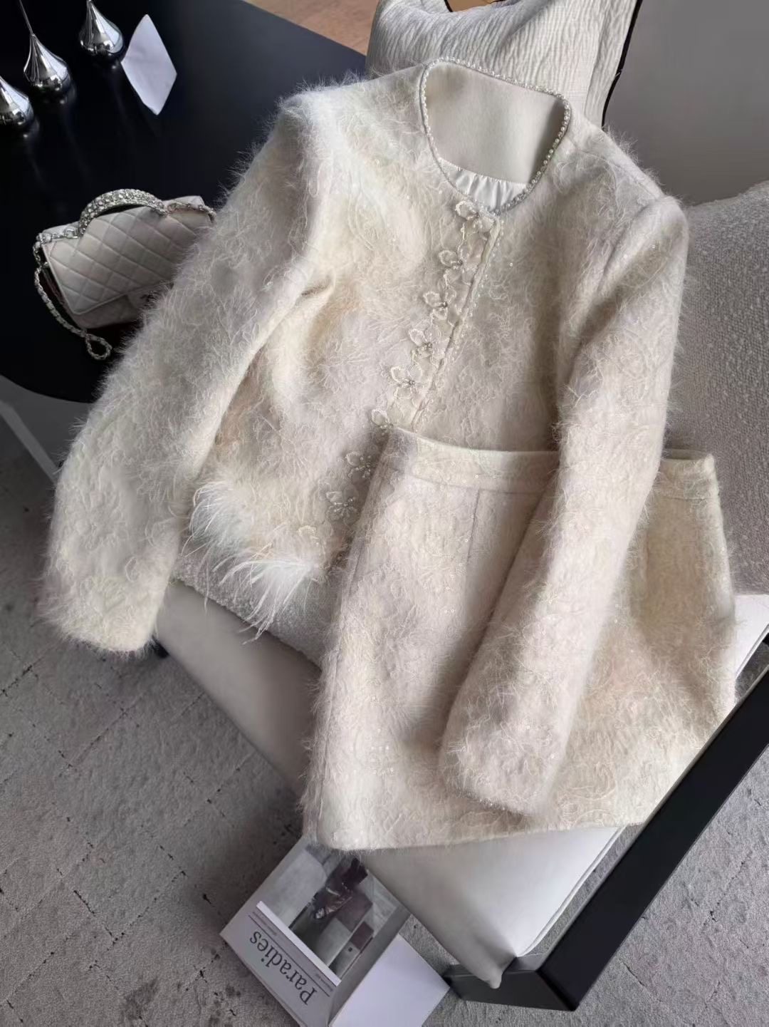 【现货】精致鸵鸟毛小香风套装女冬重工钉珠羽绒外套显瘦半裙套装,女装/女士精品,时尚套装,淘宝优惠券,粉丝福利购,淘宝优惠卷