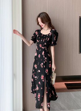 欧货夏季新款法式气质名媛高端精致女神范赫本风黑色碎花连衣裙子