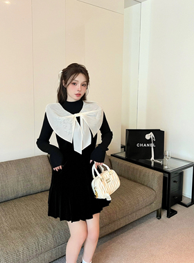 【现货】mi2秋冬法式复古蝴蝶结丝绒连衣裙女显瘦连衣裙配打底