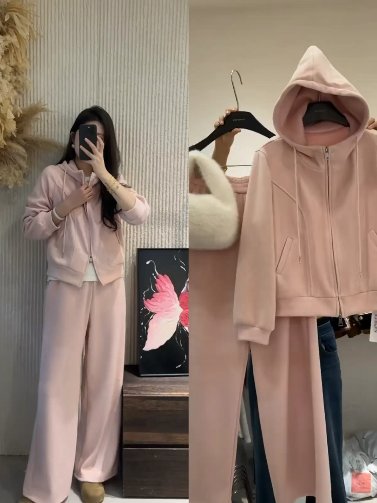 柏多伊俪粉色加绒连帽卫衣套装女