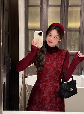 【现货】mi2naa名媛小香风大红色连衣裙水貂毛马甲裙毛衣两件套裙