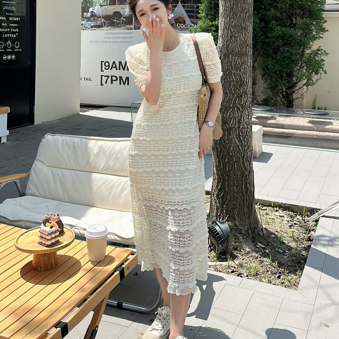 【现货】欧货7761气质蕾丝连衣裙25夏修身显瘦镂空过膝长裙