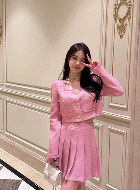 【现货】mi2naa春季粉红色方领小香风名媛短外套百褶半裙两件套装