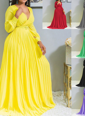 women clothes2025新款外贸黄色高腰显瘦纯色气质复古雪纺长袖长