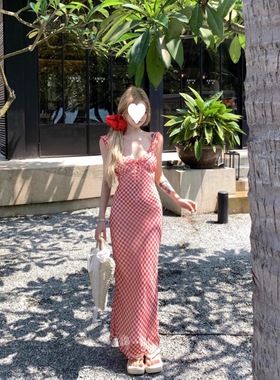 women clothes夏季新款甜美法式红色格子吊带连衣裙子女度假风鱼