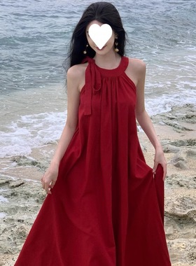 women clothes法式度假风无袖挂脖红色连衣裙女夏季云南三亚海边