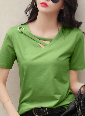 women clothes短袖女新款夏季白色t恤女V领宽松韩版黑色上衣休闲i