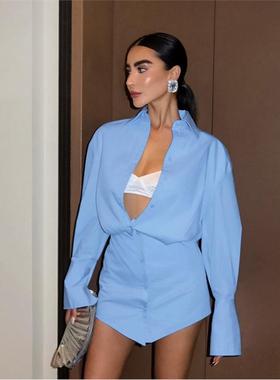 women clothes春夏清新蓝色宽松翻领衬衫袖包臀修身连衣裙欧美时