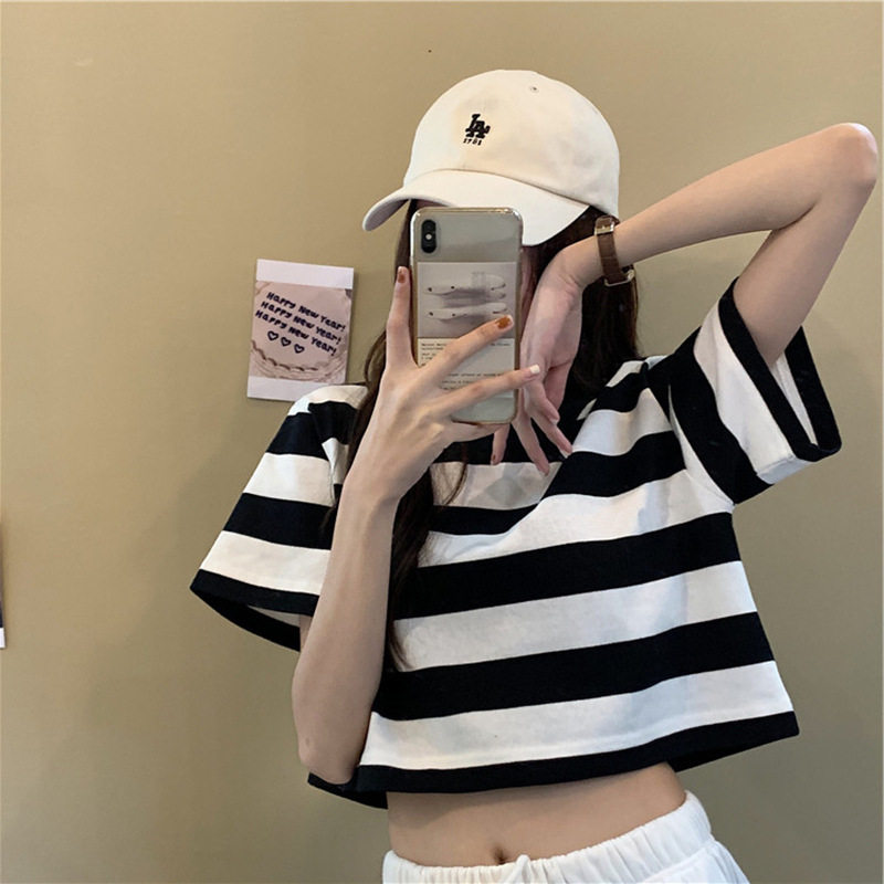 women clothes条纹短款女式上衣短袖T恤宽松韩国女装夏季休闲打底
