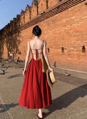 women clothes度假红色露背吊带连衣裙女海边旅游穿搭适合拍照高