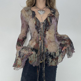 women clothes古着艺术系晕染印花荷叶边系带网纱上衣复古轻薄小