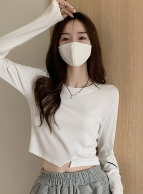 women clothes白色打底衫女秋冬内搭长袖T恤新款设计感辣妹短款学