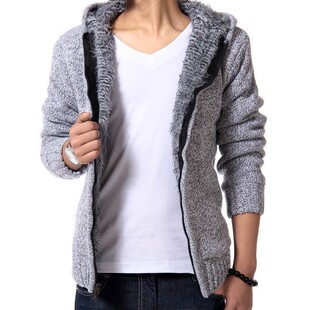 men clothes毛衣冬季男士加绒加厚毛衣青年连帽休闲针织开衫潮男
