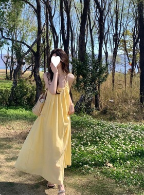 women clothes法式黄色吊带连衣裙女装夏季海边度假风穿搭裙子宽