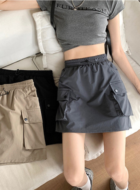 women clothes抽绳半身裙女装夏季休闲短裙小众显瘦灰色松紧腰裙