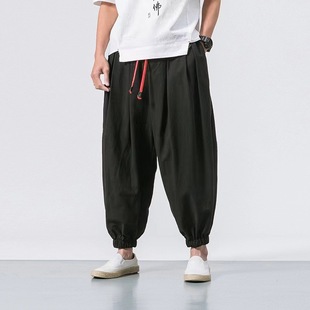 men clothes外贸男式灯笼裤宽松棉麻束脚裤休闲大码阔腿裤哈伦小