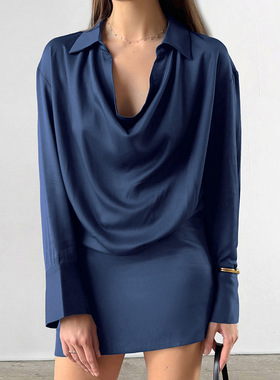 women clothes秋冬优雅蓝色气质感薄软哑光色丁不规则领型长袖修