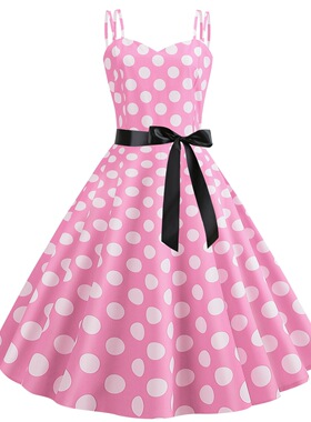 women clothesL8036新品夏季复古女装欧美性感双吊带露背波点印花