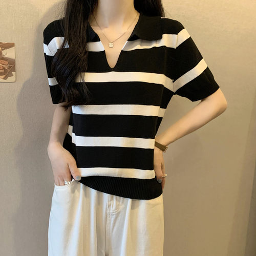 翻领条纹短袖T恤女夏季大尺码微胖mm高级感显瘦遮肚正肩巨好0630z