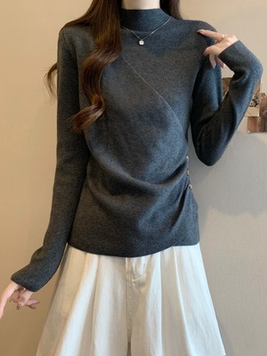 灰色半高领修身收腰针织上衣女秋冬大码胖mm显瘦遮肚子内搭打底衫