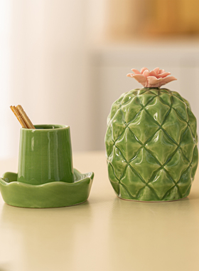 陶瓷仙人掌牙签筒创意客厅茶几牙签牙线盒棉签收纳罐家用桌面摆件