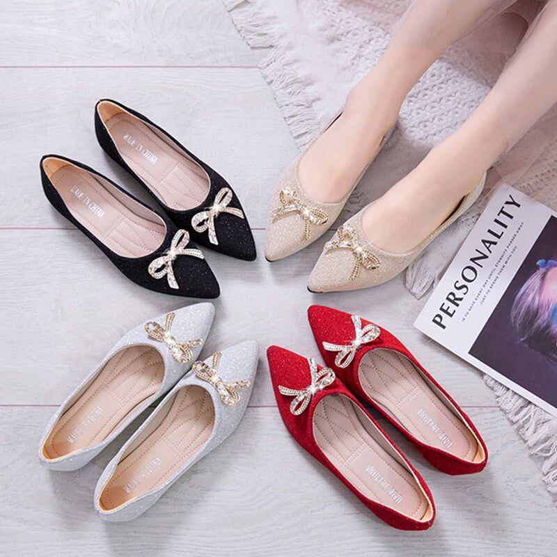 单鞋女2021秋季新款网红蝴蝶结套脚平底鞋法式婚鞋尖头浅口伴娘鞋
